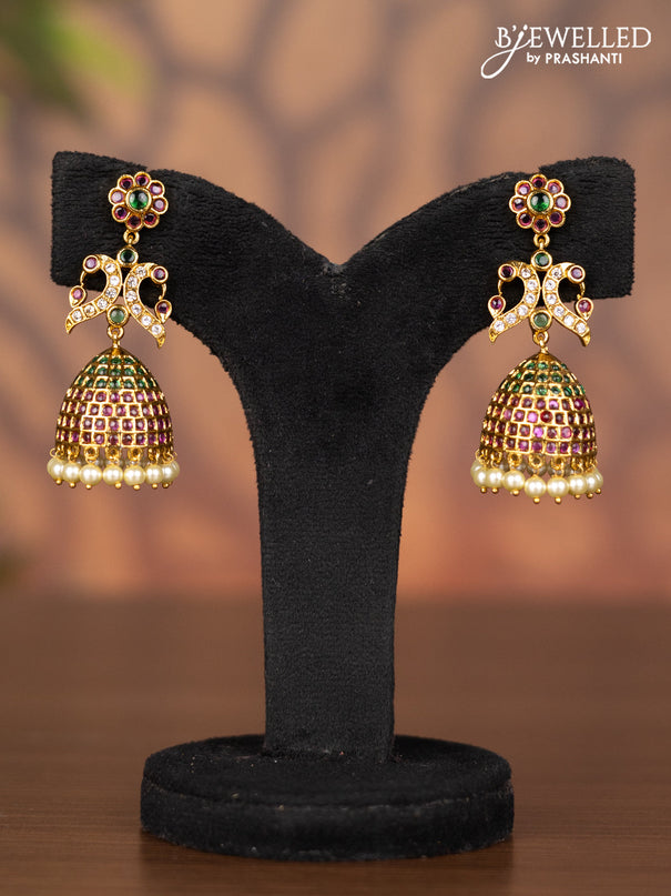Antique jhumka peacock design with kemp & cz stones and pearl hangings