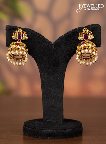 Antique jhumka with kemp & cz stones and pearl hangings