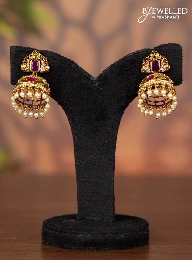 Antique jhumka with kemp & cz stones and pearl hangings
