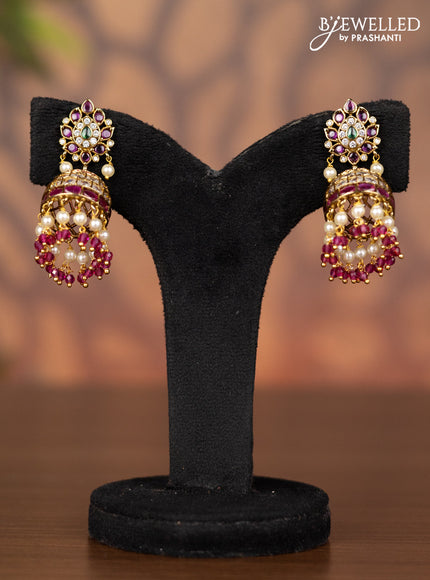 Antique jhumka with kemp & kundan stones and pearl & pink beads hangings