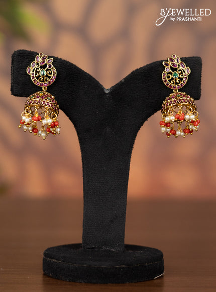 Antique jhumka with kemp stones and pearl & pavalam beads hangings