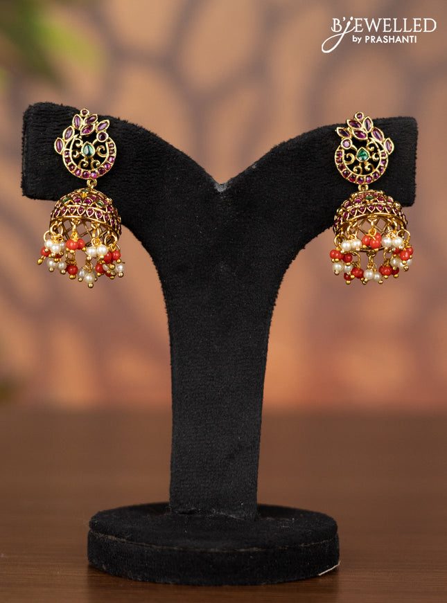 Antique jhumka with kemp stones and pearl & pavalam beads hangings