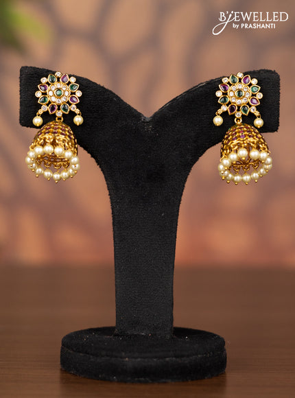 Antique jhumka with kemp & cz stones and pearl hangings