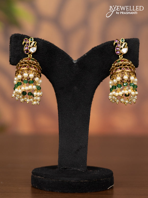 Antique jhumka with kemp & kundan stones and pearl & mint green beads hangings
