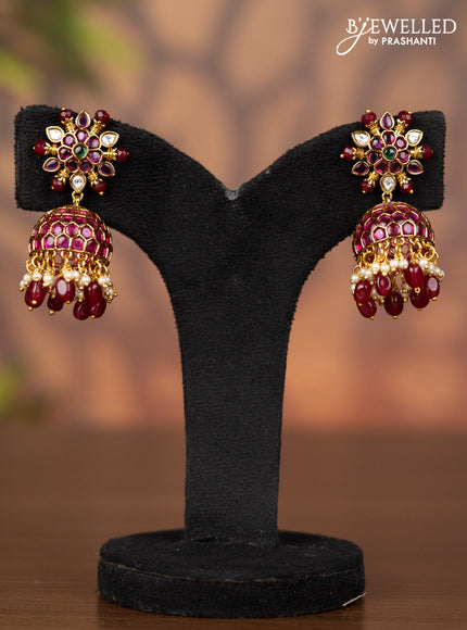 Antique jhumka with kemp & kundan stones and pearl & pink beads hangings