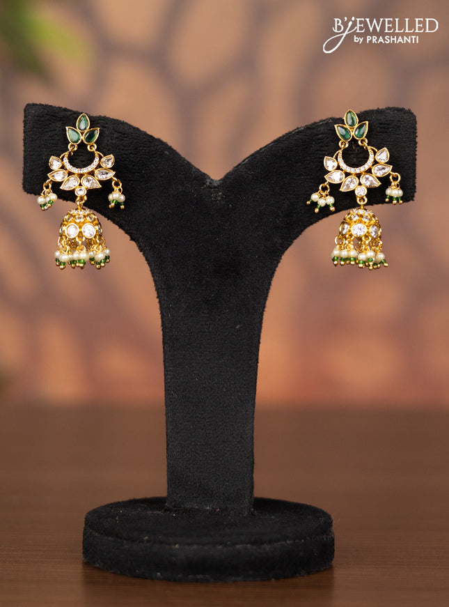 Antique jhumka with emerald & kundan cz stones and pearl hangings