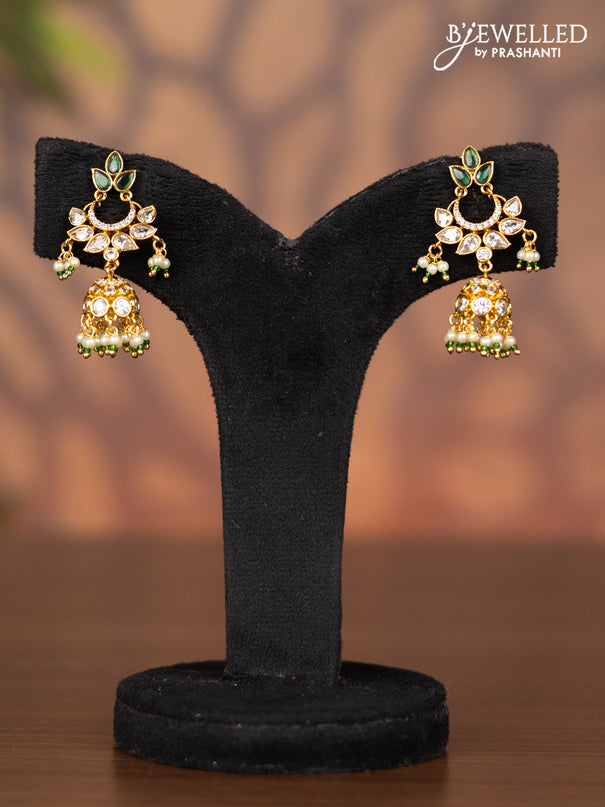 Antique jhumka with emerald & kundan cz stones and pearl hangings