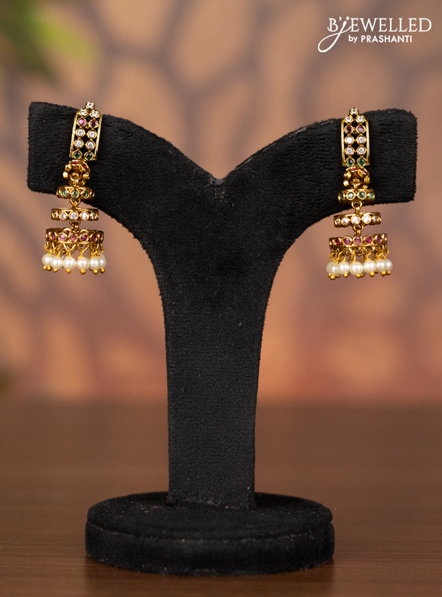 Antique triple layer jhumka with kemp & cz stones and pearl hangings