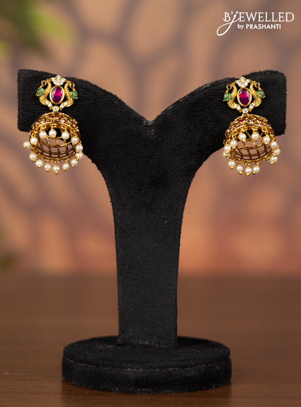 Antique jhumka with kemp & cz stones and pearl hangings