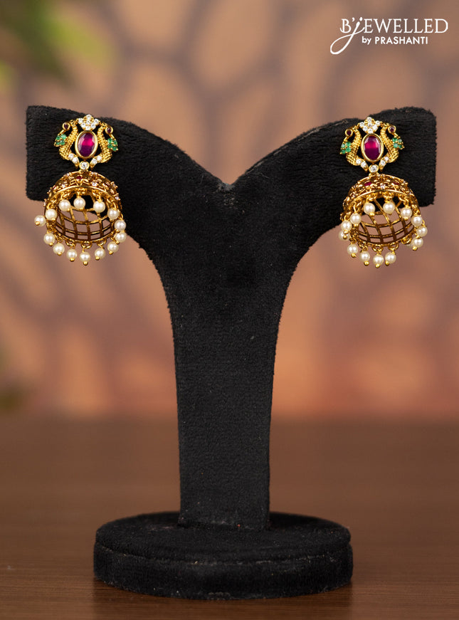 Antique jhumka with kemp & cz stones and pearl hangings