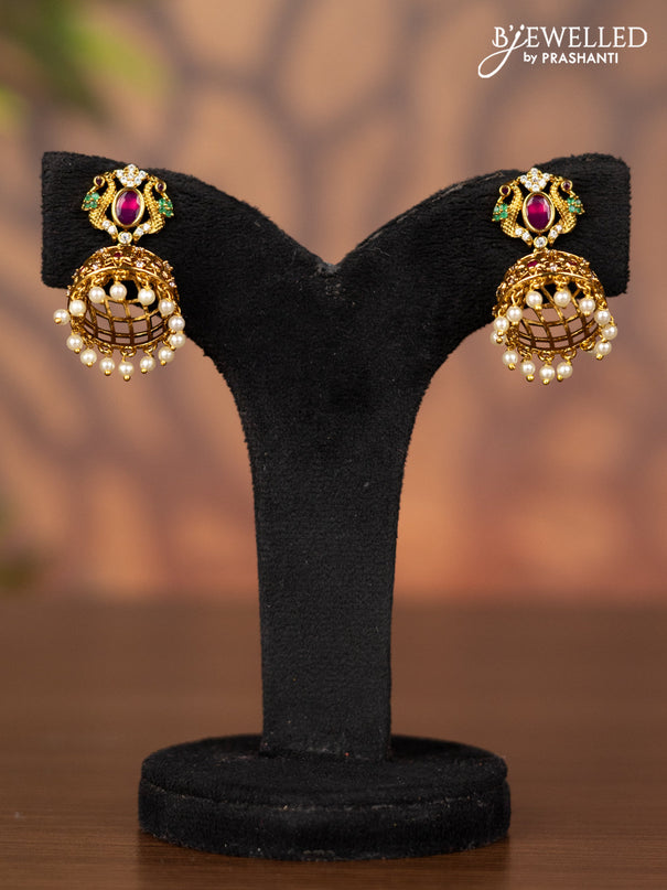 Antique jhumka with kemp & cz stones and pearl hangings