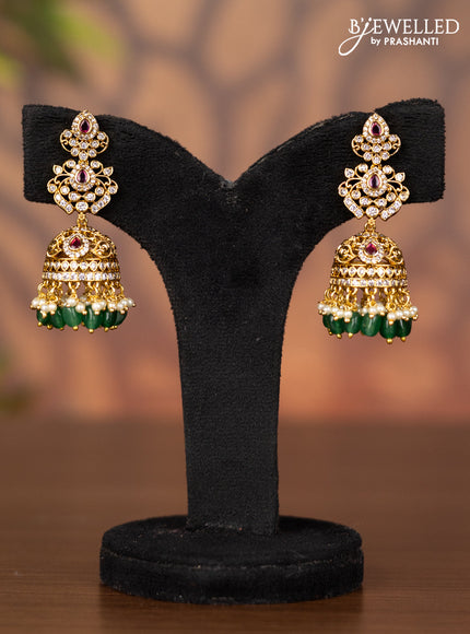Antique jhumka with kemp & cz stones and pearl & green beads hangings