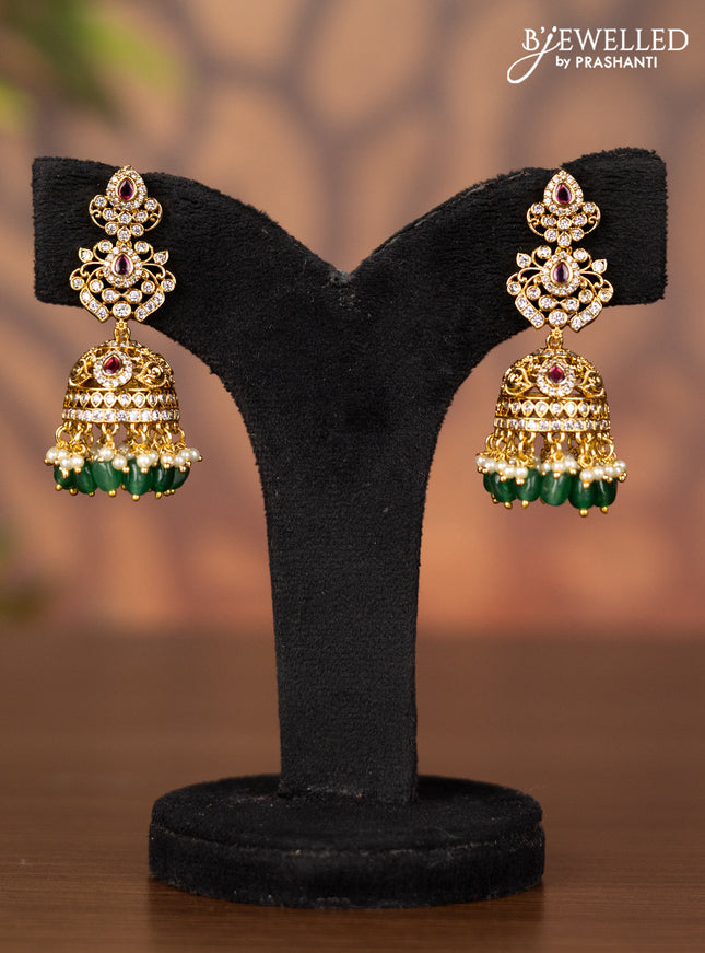 Antique jhumka with kemp & cz stones and pearl & green beads hangings