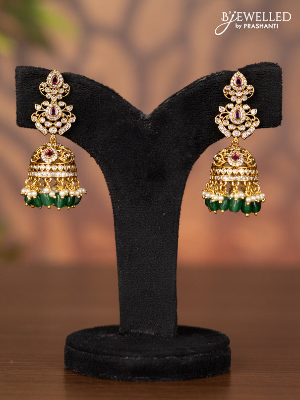 Antique jhumka with kemp & cz stones and pearl & green beads hangings