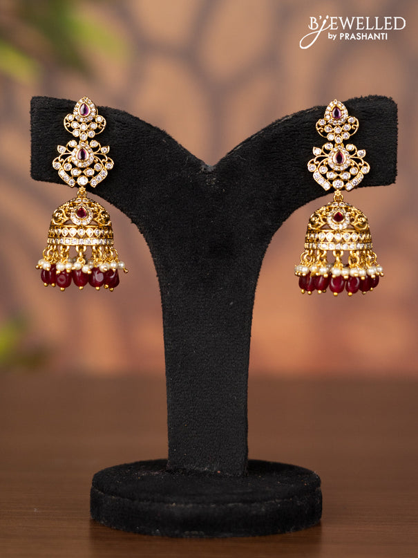 Antique jhumka with kemp & cz stones and pearl & pink beads hangings