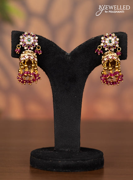 Antique jhumka with kemp & kundan stones and pearl & pink beads hangings