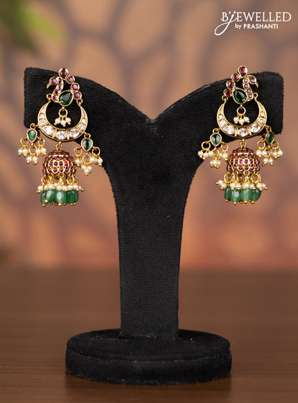 Antique jhumka chandbali design with kemp & kundan stones and pearl & mint green beads hangings