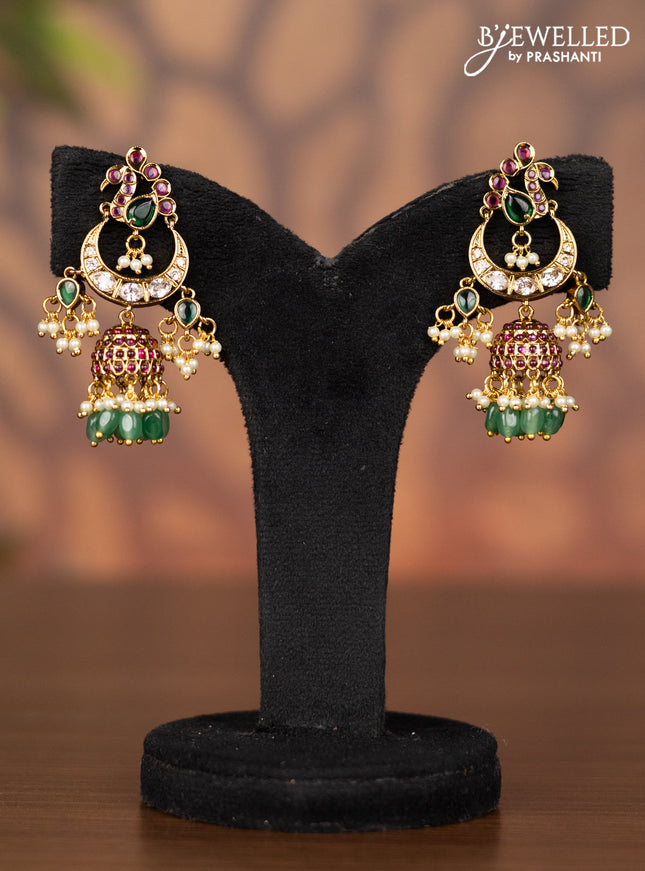 Antique jhumka chandbali design with kemp & kundan stones and pearl & mint green beads hangings