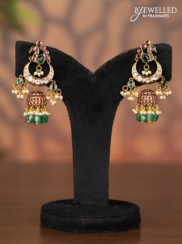 Antique jhumka chandbali design with kemp & kundan stones and pearl & mint green beads hangings