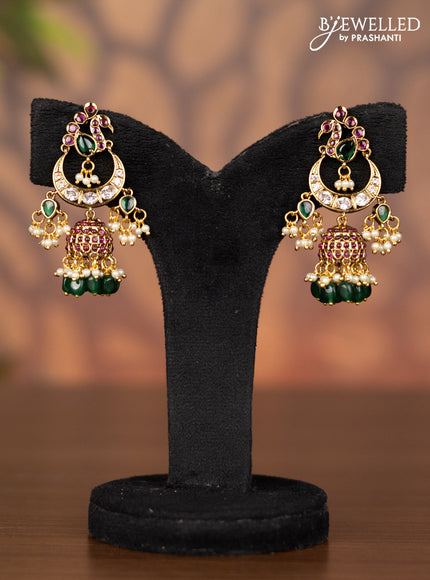 Antique jhumka chandbali design with kemp & kundan stones and pearl & green beads hangings