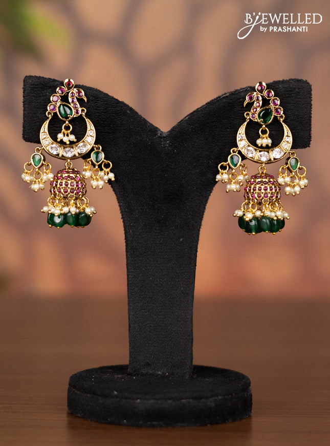 Antique jhumka chandbali design with kemp & kundan stones and pearl & green beads hangings