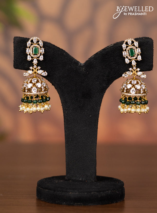 Antique jhumka with emerald & kundan cz stones and pearl & green beads hangings