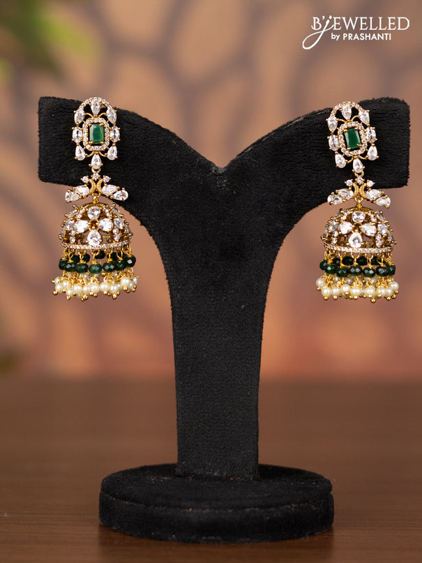 Antique jhumka with emerald & kundan cz stones and pearl & green beads hangings