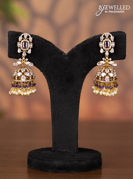 Antique jhumka with purple & kundan cz stones and pearl & purple beads hangings