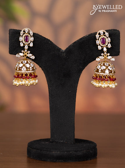 Antique jhumka with ruby & kundan cz stones and pearl & pink beads hangings
