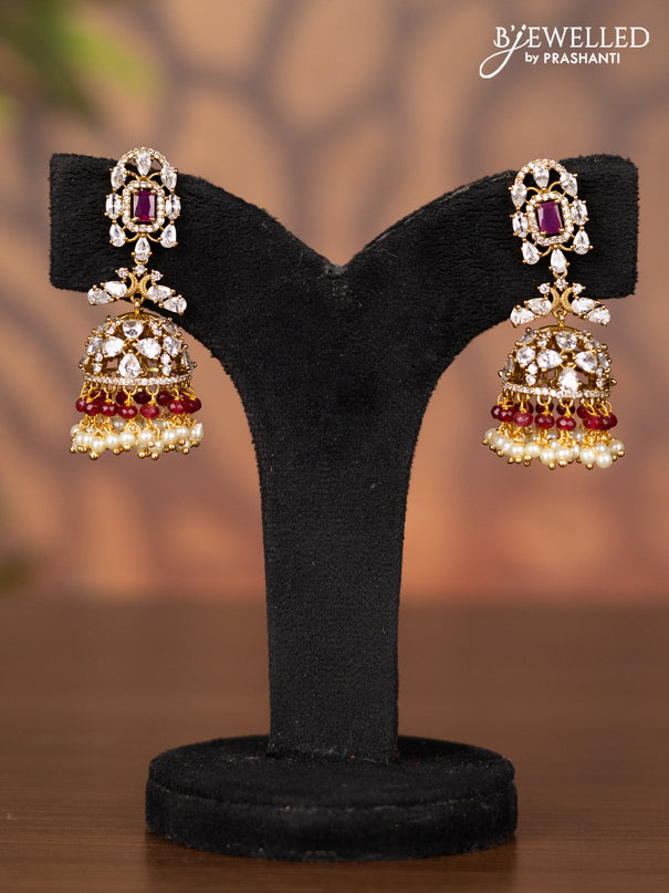 Antique jhumka with ruby & kundan cz stones and pearl & pink beads hangings