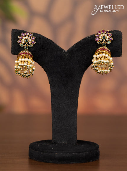 Antique jhumka with kemp & cz stones and pearl hangings