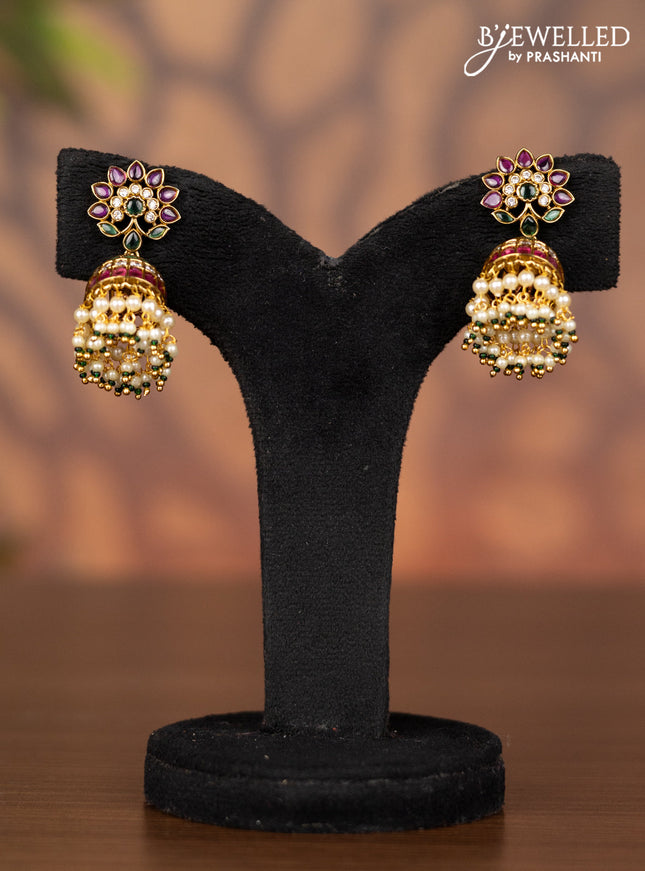 Antique jhumka with kemp & cz stones and pearl hangings