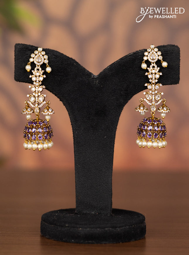 Antique jhumka with purple & cz stones and pearl hangings