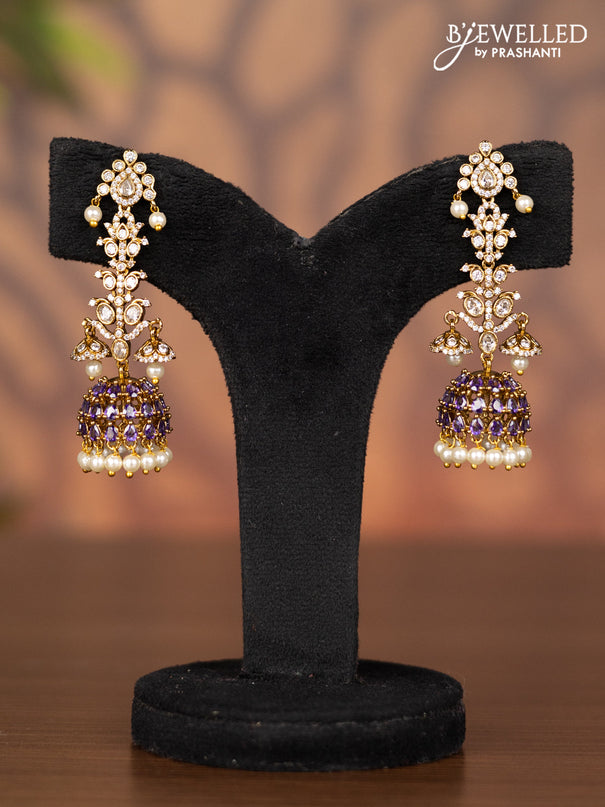 Antique jhumka with purple & cz stones and pearl hangings