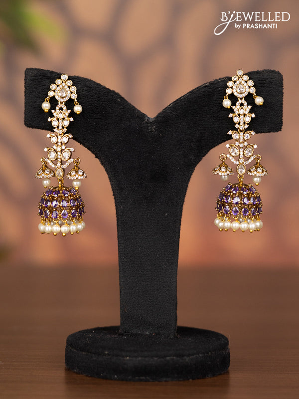 Antique jhumka with purple & cz stones and pearl hangings