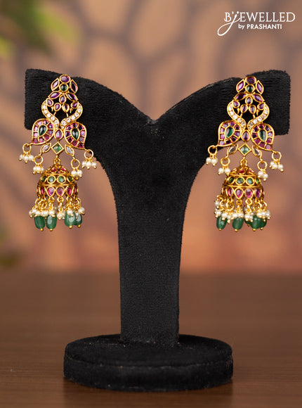 Antique jhumka double peacock design with kemp & cz stones and pearl & green beads hangings