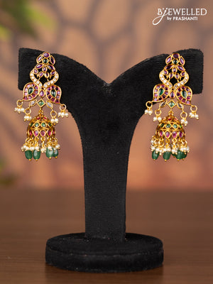 Antique jhumka double peacock design with kemp & cz stones and pearl & green beads hangings