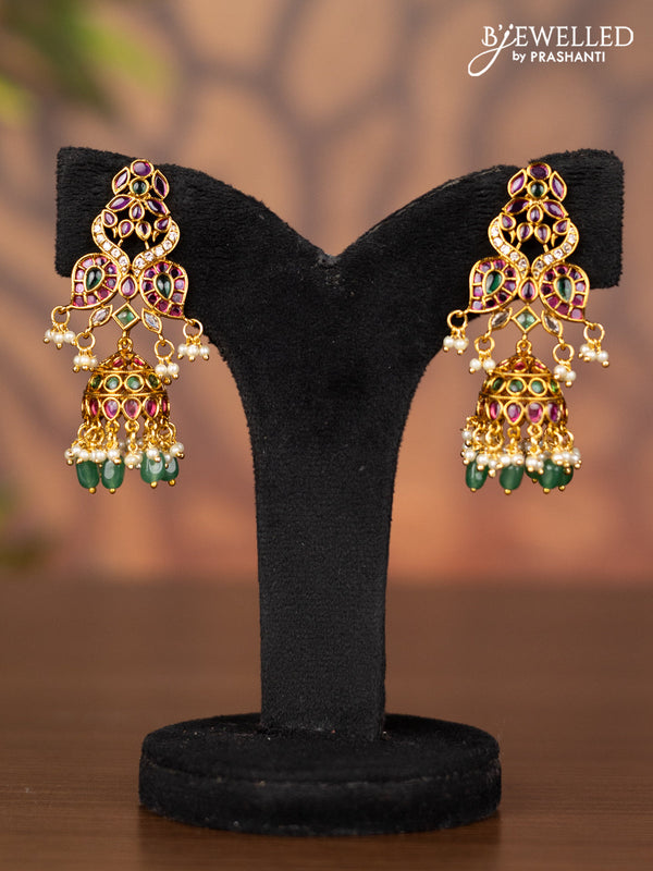 Antique jhumka double peacock design with kemp & cz stones and pearl & green beads hangings