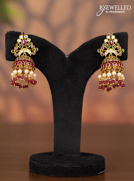 Antique jhumka with kemp & cz stones and pearl & baby pink beads hangings