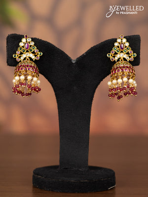 Antique jhumka with kemp & cz stones and pearl & baby pink beads hangings