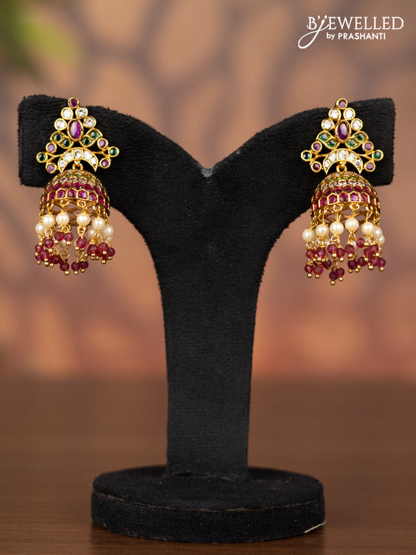 Antique jhumka with kemp & cz stones and pearl & baby pink beads hangings