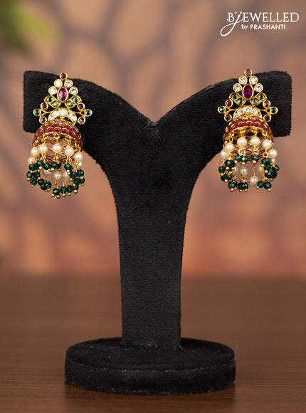 Antique jhumka with kemp & cz stones and pearl & green beads hangings