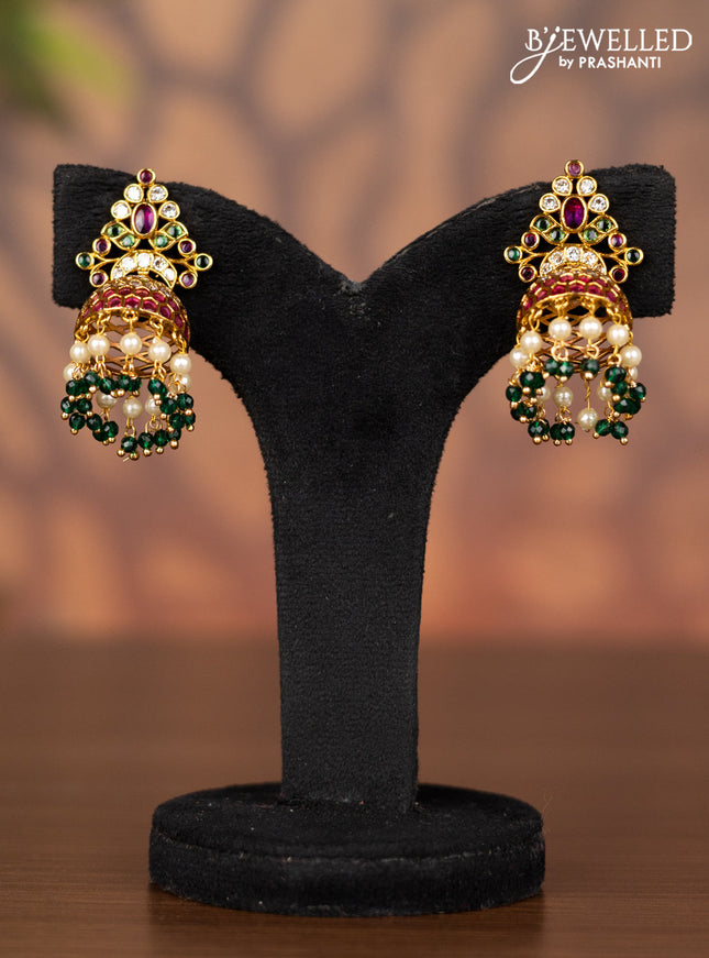Antique jhumka with kemp & cz stones and pearl & green beads hangings