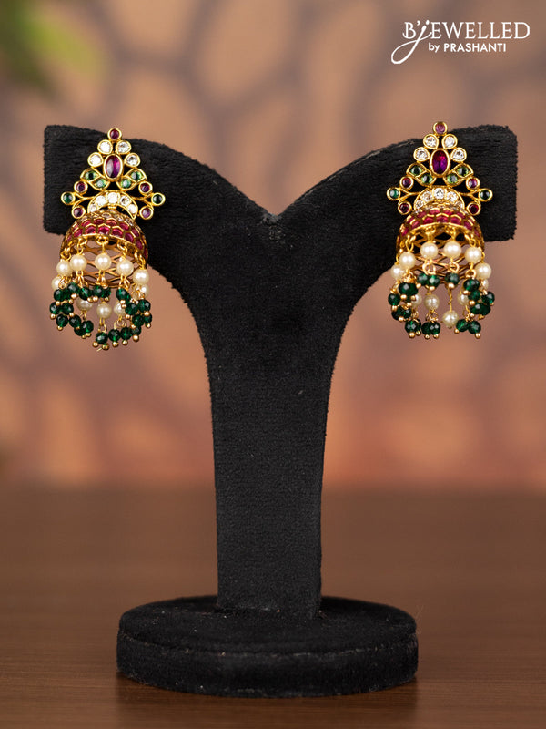 Antique jhumka with kemp & cz stones and pearl & green beads hangings