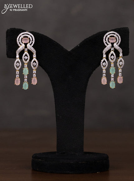 Zircon triple layer haaram with mint green & baby pink and cz stones in gold finish