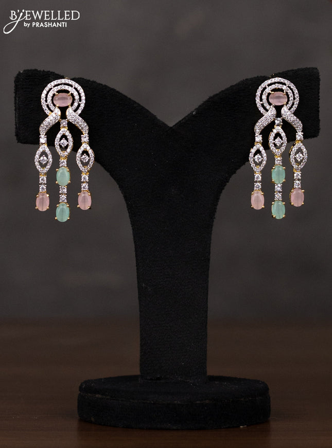 Zircon triple layer haaram with mint green & baby pink and cz stones in gold finish