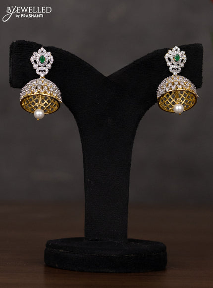 Zircon haaram with emerald & cz stones and pearl hangings in gold finish