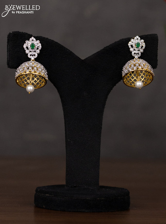 Zircon haaram with emerald & cz stones and pearl hangings in gold finish