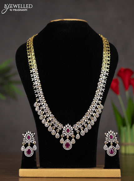 Zircon haaram with ruby and cz stones in gold finish