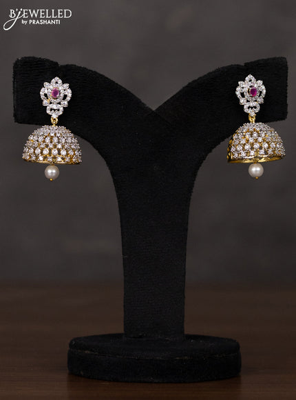 Zircon haaram with ruby & cz stones and pearl hangings in gold finish